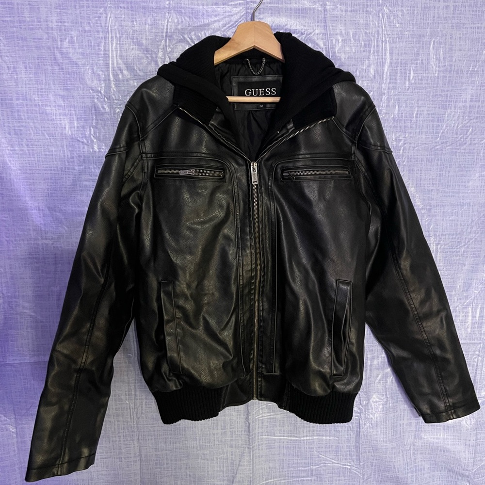 Guess Men’s Leather Jacket with hood